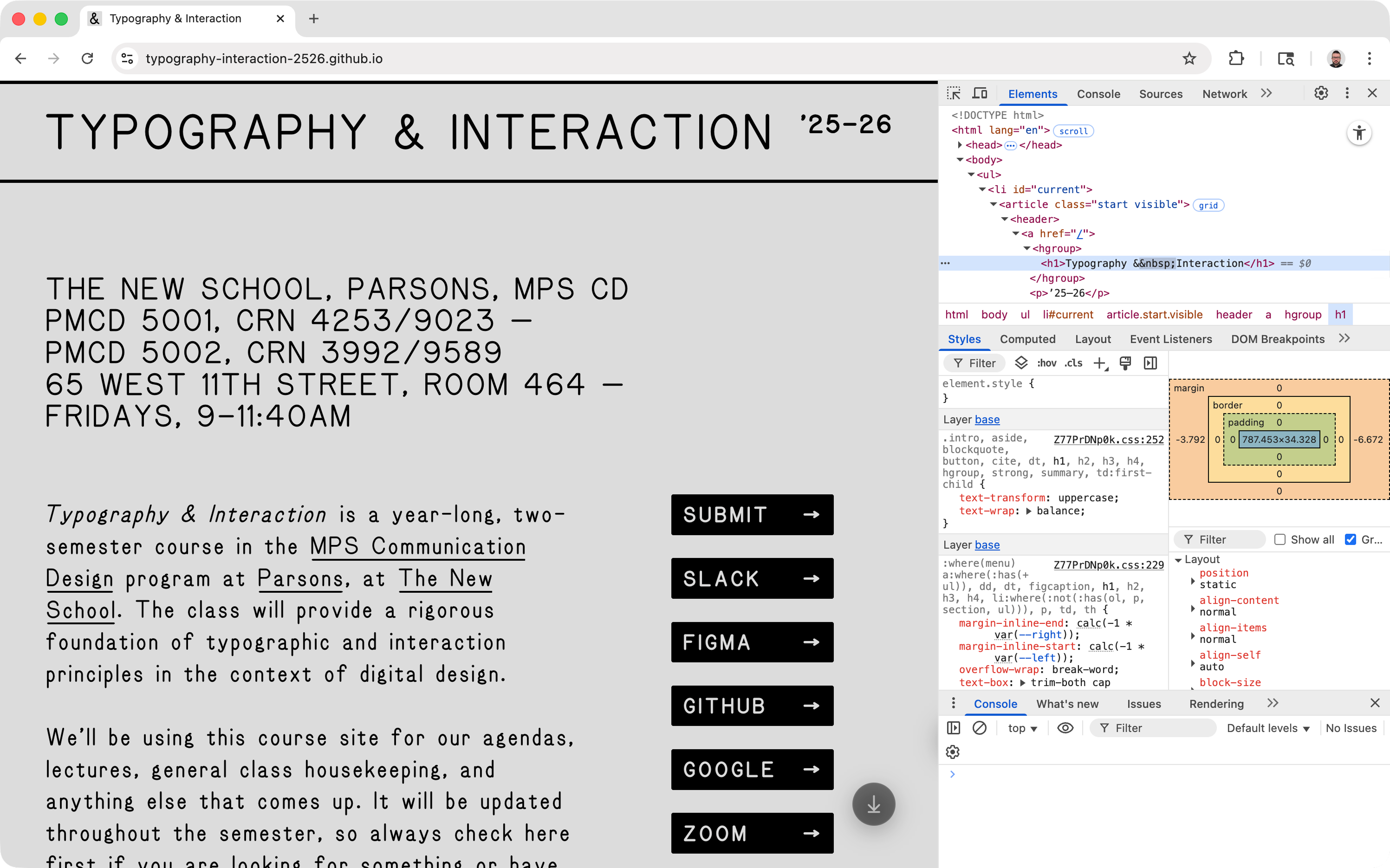 The Console opened under Elements/​Styles.