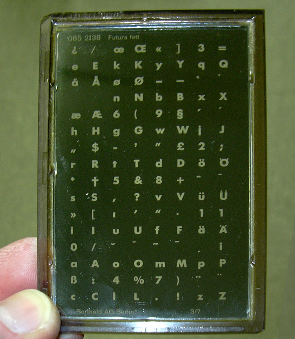 A master plate for Futura phototypesetting.